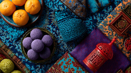 a top view of traditional asian delicacies on a colorful batik background, including various green and yellow kuih on a red platter