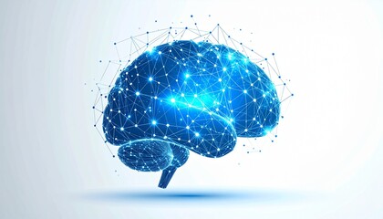 Futuristic abstract digital human brain illustration with glowing neural network connections, symbolizing AI, machine learning, and data processing.