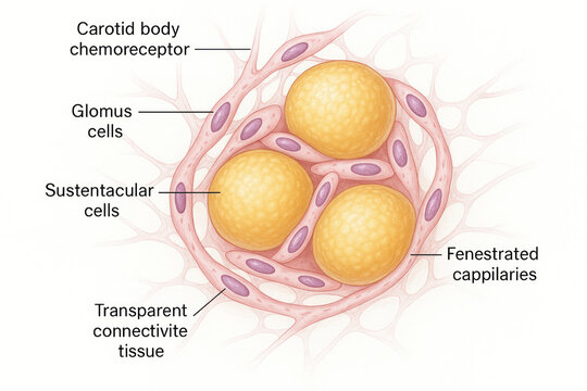 Illustration of the carotid body chemoreceptor, showing glomus cells, sustentacular cells, and fenestrated capillaries.
