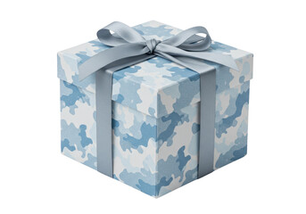 Blue camouflage gift box with ribbon isolated on transparent background, present for birthday or special occasion celebration