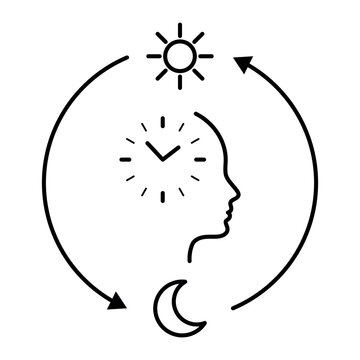 Minimal line art illustration of human profile with clock inside head, sun and moon cycle around. Concept of circadian health, biological rhythm, sleep and wake cycle, psychology and wellness