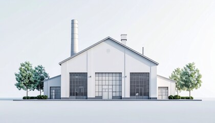Modern minimalist white industrial factory or warehouse building exterior with chimney, large doors, and green trees on a bright background.
