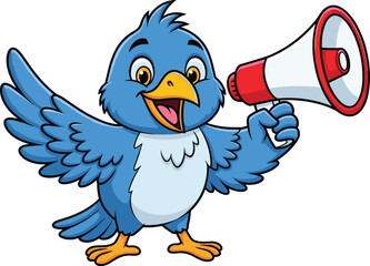 Cartoon blue bird with megaphone, cheerful mascot character, speaking pose, communication concept, vector illustration for kids, isolated background