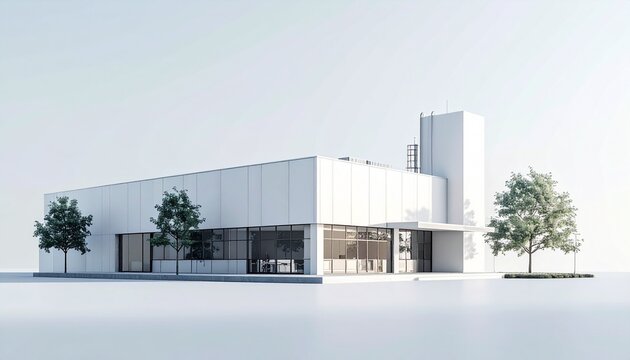 Modern minimalist white commercial building exterior with clean lines and large windows, surrounded by small green trees on a bright, isolated background.