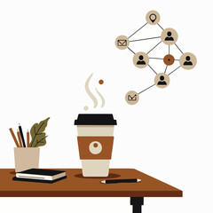 A minimalist illustration depicts a productive desk with a steaming coffee cup and supplies, symbolizing digital networking, remote work, and interconnected business communication.