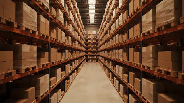 Vast Warehouse Interior with Endless Rows of Stacked Cardboard Boxes on Pallets