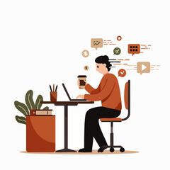 A diligent young man is actively engaged in remote work on his laptop, multitasking with various digital communication and business tasks while enjoying a coffee.