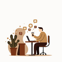 A modern flat illustration depicts a focused individual enjoying coffee while working remotely on a laptop, surrounded by digital communication icons.