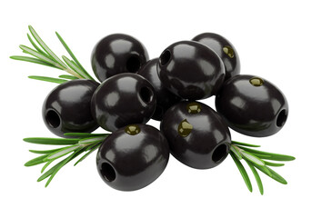 Pile of black olives with rosemary isolated on transparent background, pitted and shiny olives for Mediterranean cuisine and healthy eating