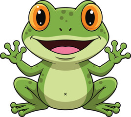 Cartoon green frog sitting, cheerful animal character with big eyes and open mouth, vector illustration for kids, isolated background, playful pose