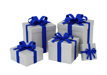 Group of silver gift boxes with blue ribbons isolated, presents for Christmas or birthday on a clean background