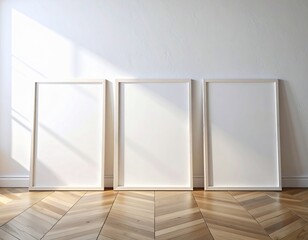 Fototapeta premium Sunlit Gallery Mockup: Three Blank Vertical Frames on a Chevron Parquet Floor