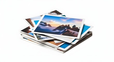 Stack of Printed Landscape Photographs on White Background