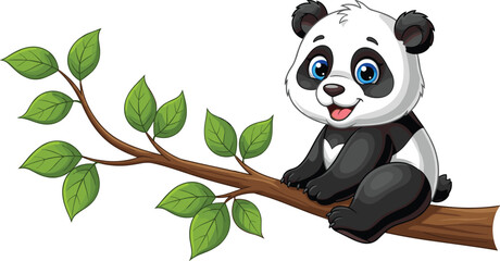 Cartoon panda sitting on tree branch, smiling animal with heart patch, vector illustration for kids, isolated background, playful nature theme