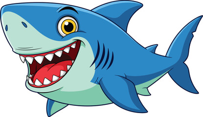 Cartoon shark with smiling face and sharp teeth, friendly ocean character in motion, vector illustration for kids, isolated background
