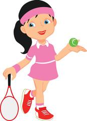 Cartoon tennis girl, pink outfit, red racket, green ball, sporty pose, smiling face, vector art, children illustration, athletic theme, active child
