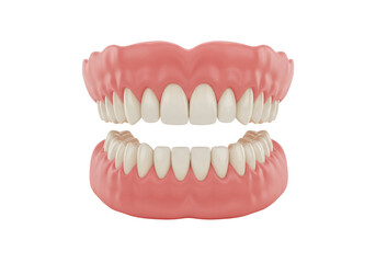 Complete set of dentures isolated on white, dental prosthesis for elderly people and tooth replacement solution