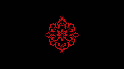 Fototapeta premium Red ornate floral design centered on a black background, resembling a stylized emblem or decorative element.