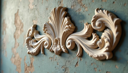 Ornate plaster molding with swirling leaf motifs adorns a distressed teal wall. The relief carving features classic scrolled acanthus leaves and shell shapes, creating a luxurious antique texture.