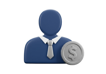 Blue businessman avatar with silver dollar coin isolated PNG, financial advisor or investment consultant icon on transparent background