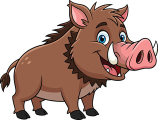 Cartoon wild boar character, smiling warthog with tusks, friendly animal mascot for kids, vector illustration, isolated background, playful expression