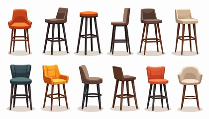 Collection of various bar stools for cafes, restaurants, home kitchens. Styles include modern, retro, contemporary designs in different colors, materials like wood, metal, leather for diverse