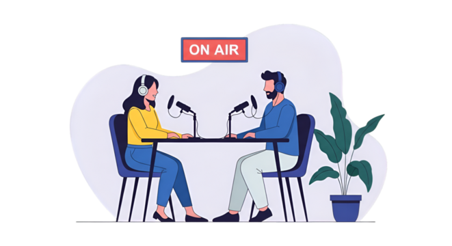 Two people recording a podcast with "On Air" sign