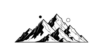 A black and white illustration of jagged mountain peaks with celestial bodies.