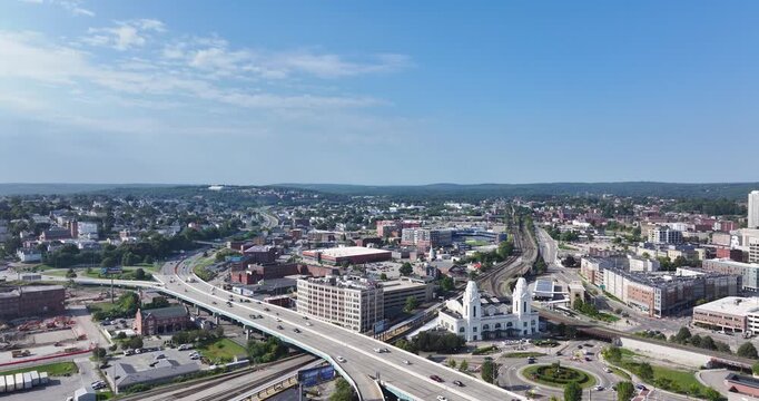 Worchester, MA, USA - September 14, 2025 - Afternoon aerial video of Downtown Worchester, Massachusetts on a sunny summer morning.