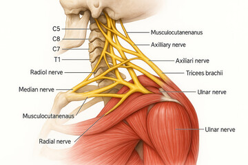Anatomical illustration of the brachial plexus and nerves of the shoulder and upper arm.