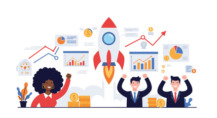 Successful business team celebrating a successful launch with a rocket and financial charts.
