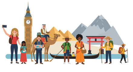 Describe the image in 6 to 180 characters, avoiding keyword lists. The image shows various people from different cultures and iconic travel destinations.