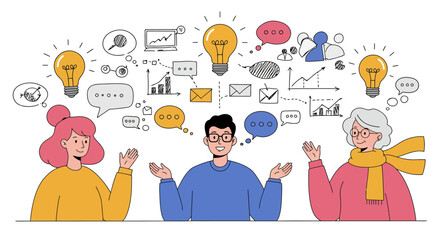 Illustration of three people brainstorming ideas, surrounded by thought bubbles and light bulbs.