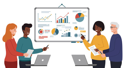 Business team analyzing data on a whiteboard with graphs and charts.