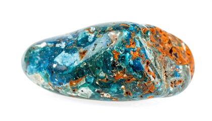 Polished, blue-green azurite malachite gem with brown-reddish specks on a white background