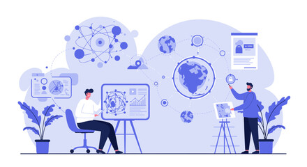 Illustration of two people working with data, charts, and globes in a modern, stylized setting.