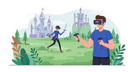 Two people playing a virtual reality sword fighting game in front of a castle.