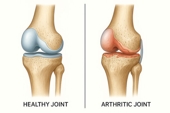 Comparison of a healthy knee joint and an arthritic knee joint, illustrating bone structure, cartilage, and inflammation.