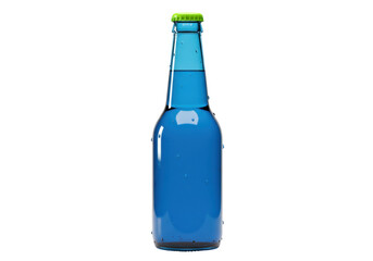 Blue glass bottle with green cap isolated on transparent background, refreshing drink container for beverage and liquid