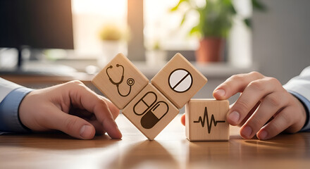 Obraz premium Building Healthcare: Wooden Blocks with Stethoscope and Heartbeat Icons in Heart Shape