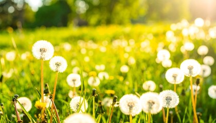 A sun-drenched field of dandelions in full bloom, soft focus grassy background