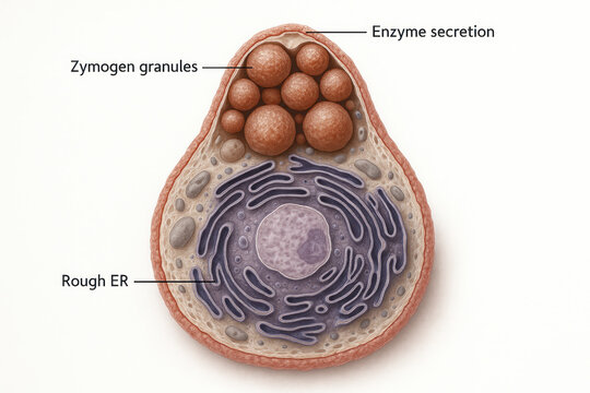 Illustration of an animal cell with zymogen granules and rough ER