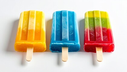 Three colorful popsicles with layered hues—red-yellow, green-yellow, and blue-orange-purple—arranged side by side on white surface