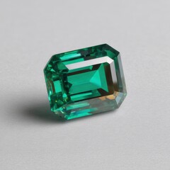 Fototapeta premium Emerald cut green gemstone resting on gray surface studio shot close up jewelry precious stone