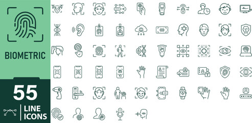 Collection Of Modern Editable Thin Line Style Biometric Personal Data Related Icons Set Contains Biometric, Barcode, Face Verification, Fingerprint And More On An Isolated Transparent Background