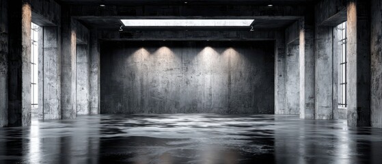Industrial Concrete Interior with Polished Floor, Dramatic Lighting, and Architectural Columns, Warehouse Style, Urban Location, Empty Space