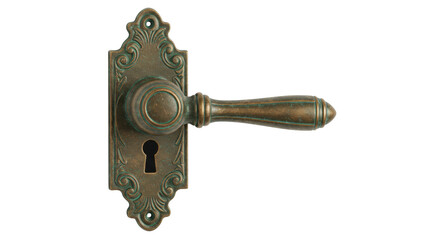 Antique bronze door handle isolated on transparent background, vintage hardware with ornate backplate for interior design and restoration projects