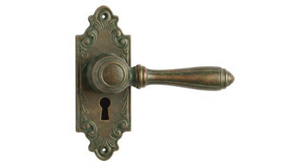 Antique bronze door handle isolated on transparent background, vintage hardware with ornate backplate for interior design and restoration projects