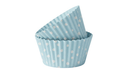 Two light blue cupcake liners with white polka dots isolated, baking cups PNG for party decorations and dessert presentation