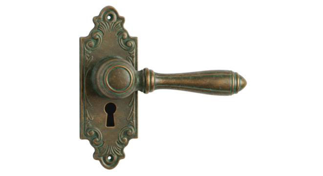 Antique bronze door handle isolated on transparent background, vintage hardware with ornate backplate for interior design and restoration projects
